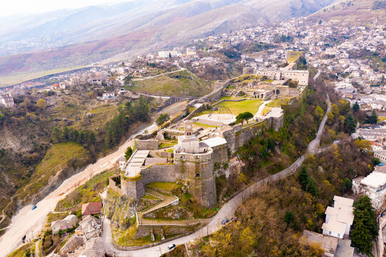 Bird's eye view of Albanian city Gjirokaster. Gjirokaster castle visible from above.