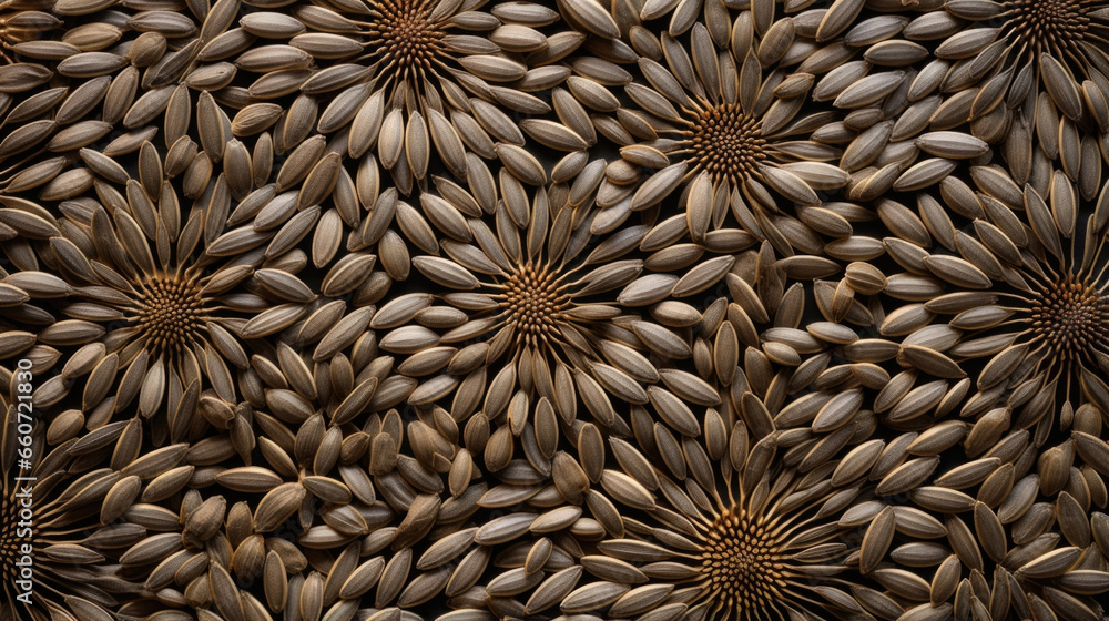 Poster texture of sunflower seeds arranged in a tight, intricate spiral, displaying the unique geometric sh