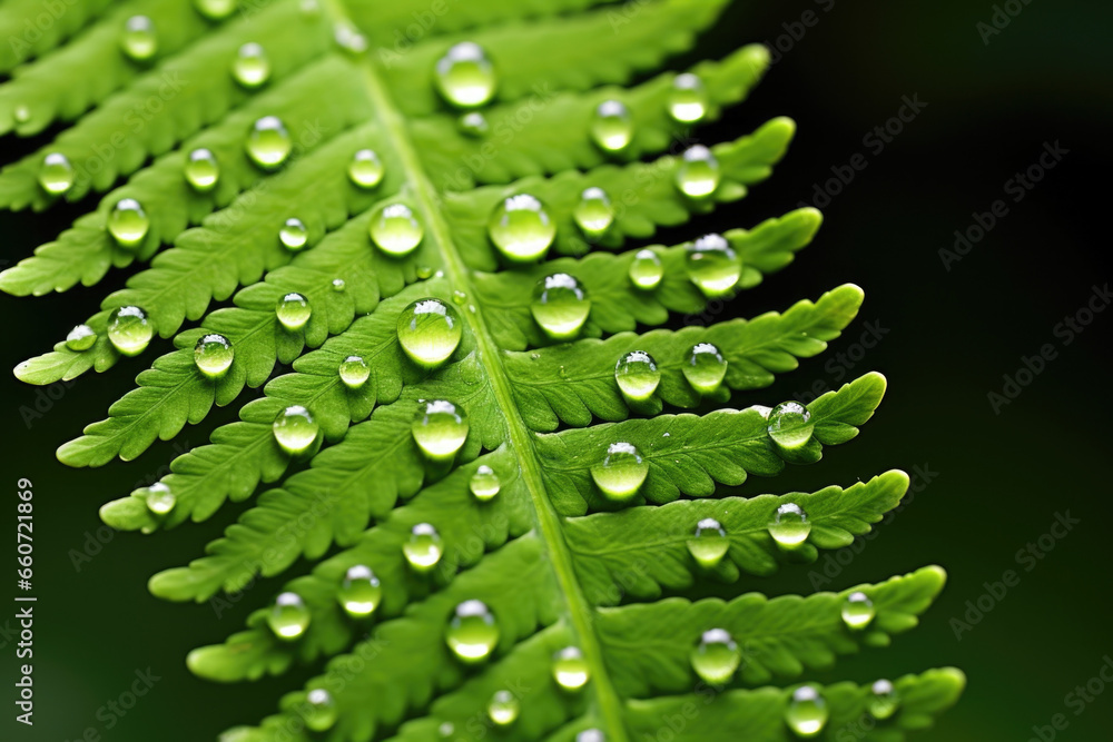 Poster macro shot of a fern frond, highlighting its unique texture of pointed teardropshaped leaflets in a 