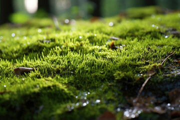 Texture of a wet, mossy surface, glistening in the sunlight and providing a secure grip for small creatures to traverse the forest floor.