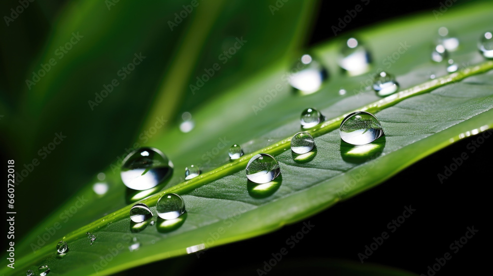 Poster closeup of a single raindrop on a leaf, capturing the intricacies of its surface tension and the wor