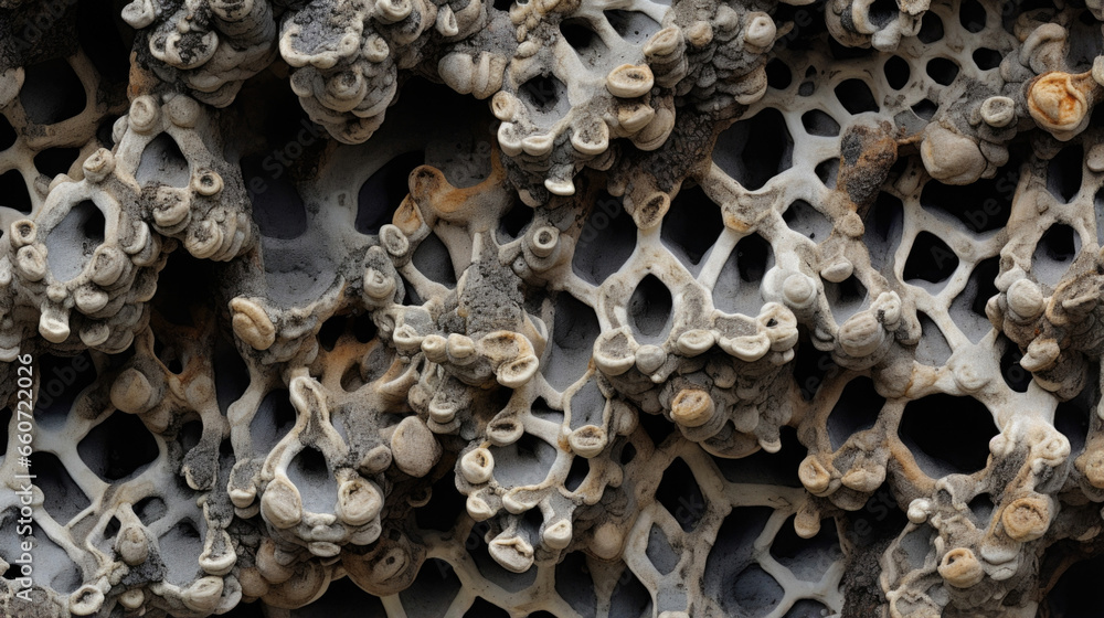 Poster texture of barnacles on a jagged coastal formation, varying in size and shape with a mixture of smoo