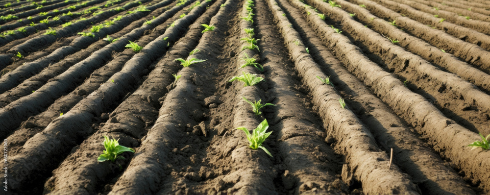Aufkleber texture of plowed field with standing crop in this texture, the furrows are ly visible under the lus