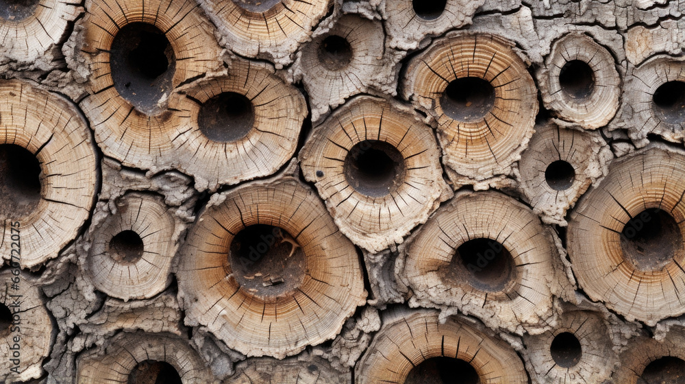 Poster closeup of a tree bark texture with multiple small, circular holes created by a woods beak. the hole