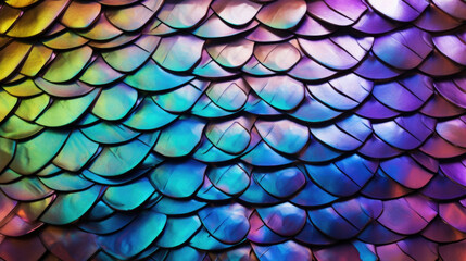 Texture of iridescent erfly wing scales with a spiky, almost reptilianlike appearance. The scales have a sharp, angular texture that reflects light in a unique, geometric pattern.