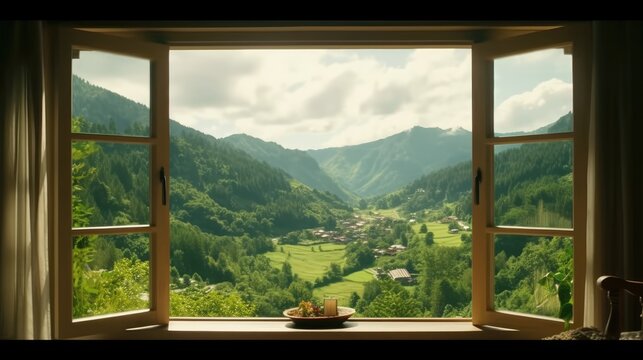 Fototapeta mountain view background. view from the window with green mountains
