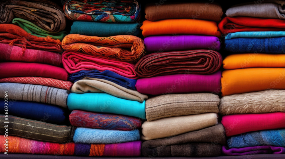 Poster texture of a market stall covered in stacks of colorful fabrics in a variety of patterns and texture