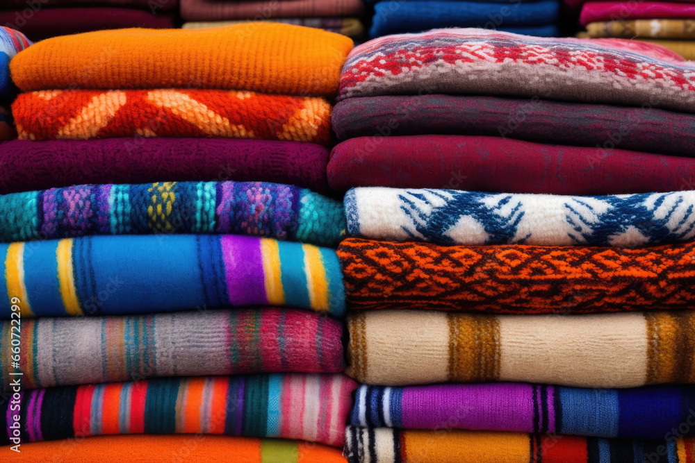 Poster texture of a market stall featuring rows of intricately patterned and brightly colored rugs layered 