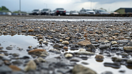 Obraz premium Texture of a gravel parking lot in the rain, with puddles forming in the crevices and reflecting the cloudy sky above.