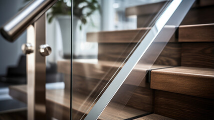 Closeup of Stainless Steel Stair Railing with Frosted Glass Inserts In this closeup, we see the contrast of shiny stainless steel with frosted glass inserts in the staircase railing. The