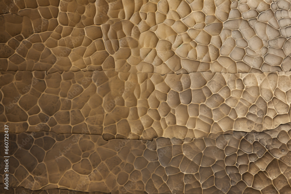 Poster closeup of a hammered antique brass surface, showcasing a rugged and aged texture. the uneven indent
