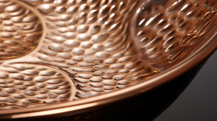 Closeup of polished copper with a textured hammered finish, catching the light with intricate patterns and ridges.