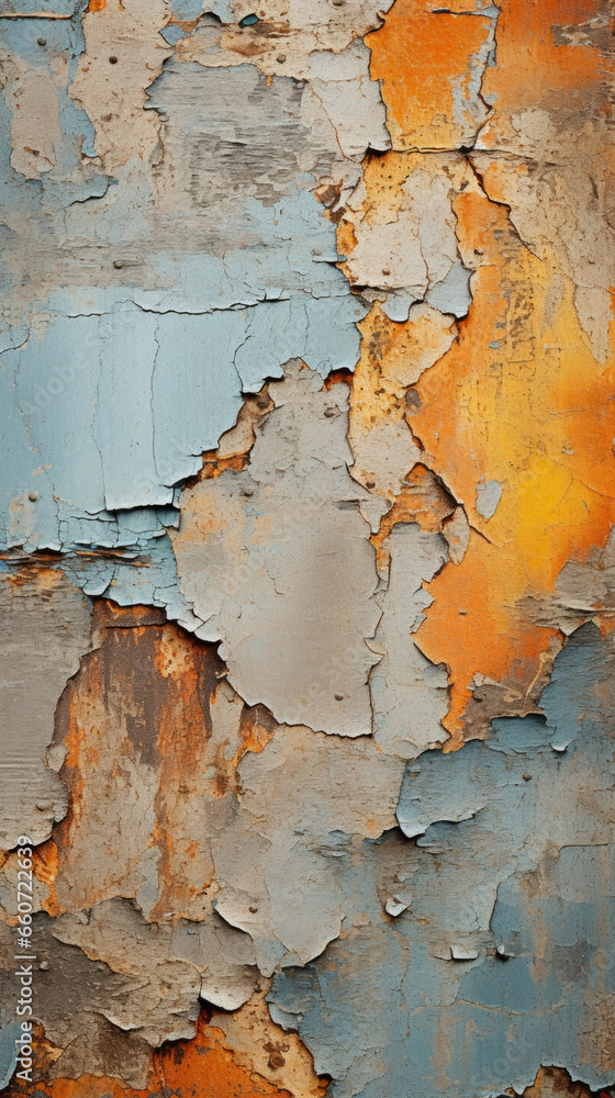 Poster closeup of a textured metal with a cracked and chipped surface, revealing layers of different colors