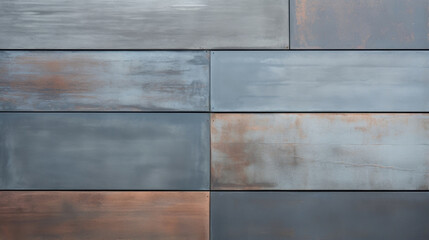 Closeup of Weathered Zinc panels, featuring a mix of sharp and smooth edges. Its wornout texture and variations in color make it an ideal choice for adding depth and interest to architectural