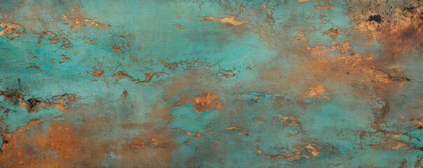 Fototapeta na wymiar Texture of corroded copper A closeup of green and turquoise spots and streaks on a weathered and pitted surface. The metal has a matte finish and shows signs of tarnishing.
