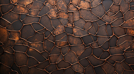 Closeup of a burnt copper texture with a mosaiclike pattern. The edges are tarnished and irregular, giving the texture a rustic and industrial feel.