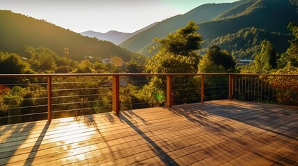 Outdoor mountain villa balcony deck, with natural views of the mountains