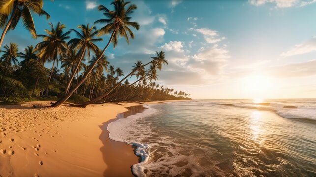 panoramic view of the beauty of a tropical beach with palm trees