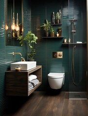 modern bathroom in sage green with washbasin and toilet bowl
