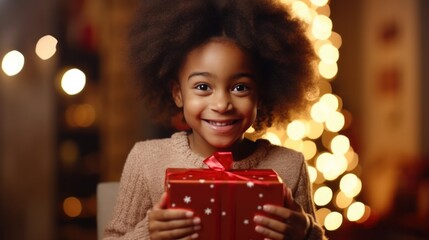 Black african american dark-skinned happy little smiling girl with Christmas gift box at home.