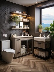 modern minimalist bathroom with washbasin and toilet bowl in dark grey color