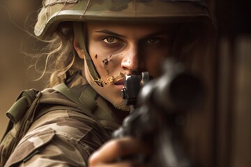 Focused Woman Soldiers: Aiming Precision Portrait
