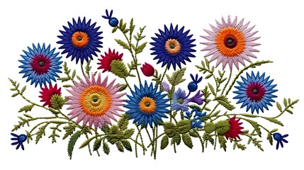 Fototapeta na wymiar folklore background with satin stitch embroidery of floral motifs on a white background, flowers embroidery ethno