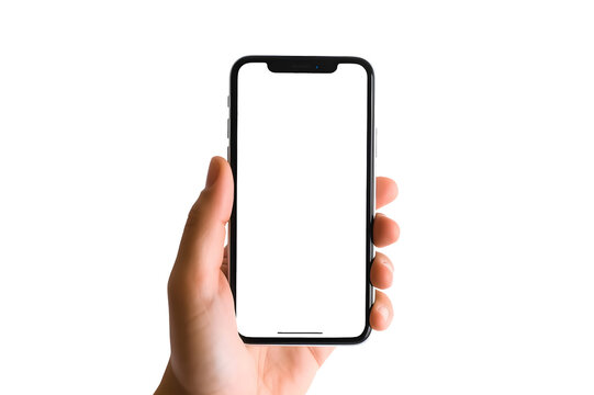in hand a smartphone with a white screen on a clean background, mockup of a smartphone in hand with a transparent screen and a transparent background for advertising, drawing isolated on a transparent