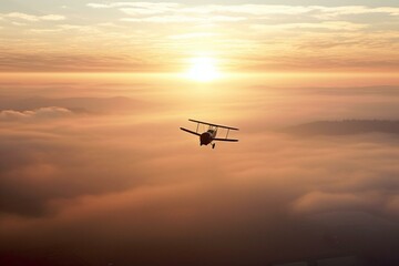 Fototapeta na wymiar Tiny aircraft flies through misty sunrise. Generative AI