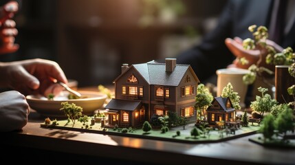 Real estate agent giving buyer house keys on office table with miniature model of house on table - obrazy, fototapety, plakaty