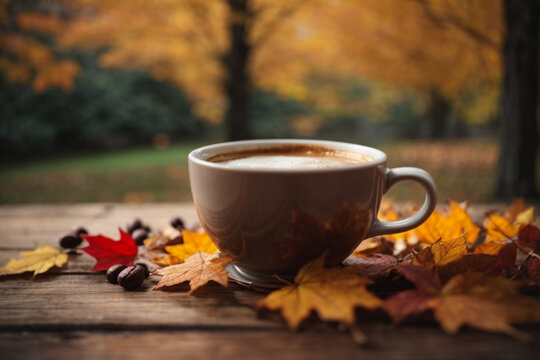 Coffee cup nestled among autumn leaves on a wooden table, with a softly blurred fall autumn background. High quality photo
