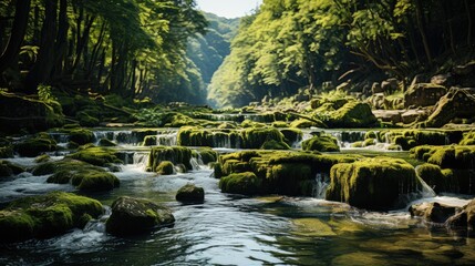 River flowing waterfall from wild forest. Green mossy river rocks