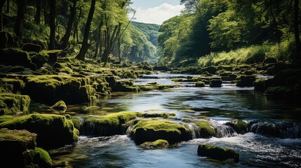 Obraz premium River flowing waterfall from wild forest. Green mossy river rocks