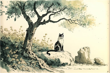 A cat relaxing under a tree