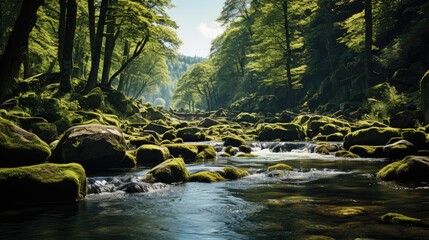 Obraz premium River flowing waterfall from wild forest. Green mossy river rocks