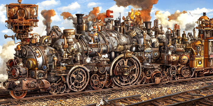 steampunk science fiction railroad train tracks locomotive rails trains gears metal illustration