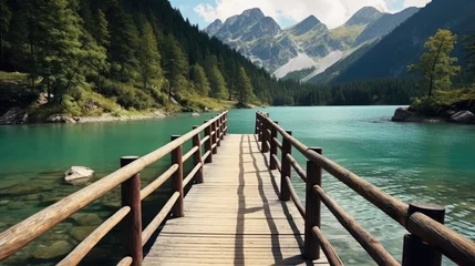 Cercles muraux Montagnes see the beauty of nature looking at the mountain lake in the background of the wooden bridge