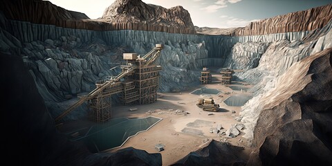 Work of trucks and the excavator in an open pit on gold mining - obrazy, fototapety, plakaty