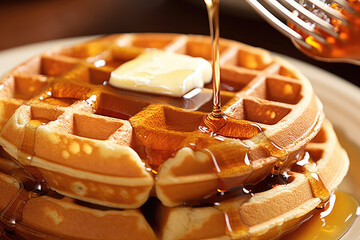 Waffles with butter and syrup - ai generated - obrazy, fototapety, plakaty