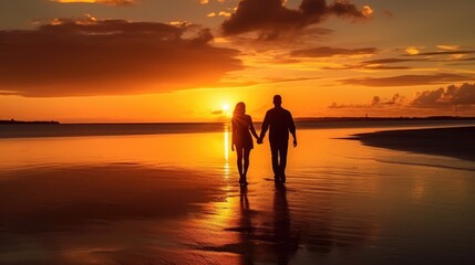 Fototapeta premium silhouette of a couple walking in the sunset on the beach