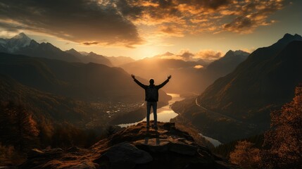 silhouette of a man standing on top of a mountain raising one hand to hit the sky no face