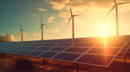 Solar Panels And Wind Turbines with hot Sun