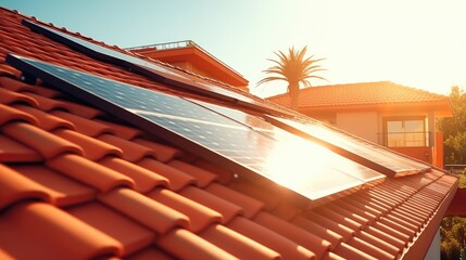 solar panels on the red roof of the house with hot sun