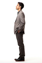Full body portrait side view man standing and thinking isolated over white background. - obrazy, fototapety, plakaty