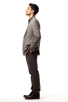 Full body portrait side view man standing and thinking isolated over white background.