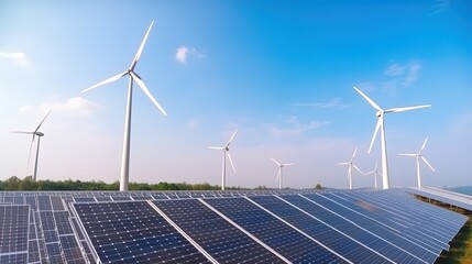 solar panels and wind turbines generating electricity in power station green energy renewable with blue sky background