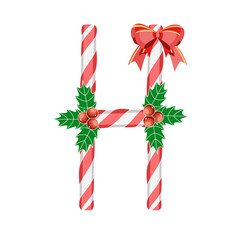 Letter H by Candy canes with holly and bow.Vector illustration