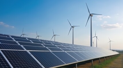 solar panels and wind turbines generating electricity in power station green energy renewable with blue sky background