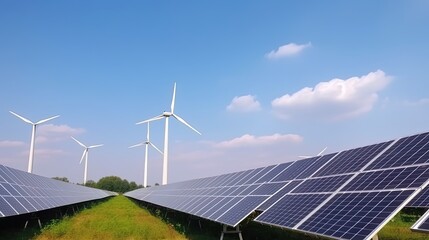 solar panels and wind turbines generating electricity in power station green energy renewable with blue sky background