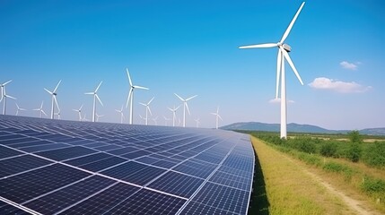 solar panels and wind turbines generating electricity in power station green energy renewable with blue sky background